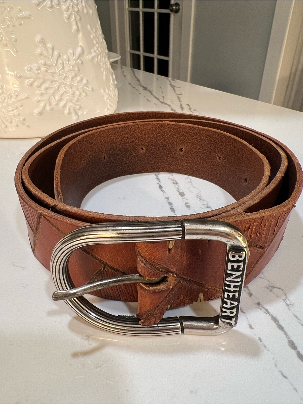 BENHEART Made in Italy Brown Leather Men's Belt with Silver-Tone Buckle
